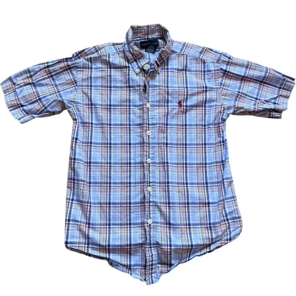 Youth Boys Ralph Lauren Blue Red Gingham Check Button Down Shirt - Sz M 12/14